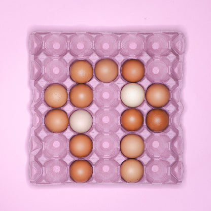 A pink cardboard tray holding 15 eggs